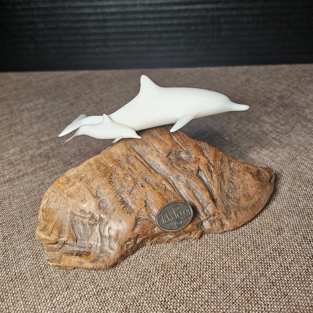 Dolphin Duo Sculpture 6" Long on Burlwood John Perry Studios